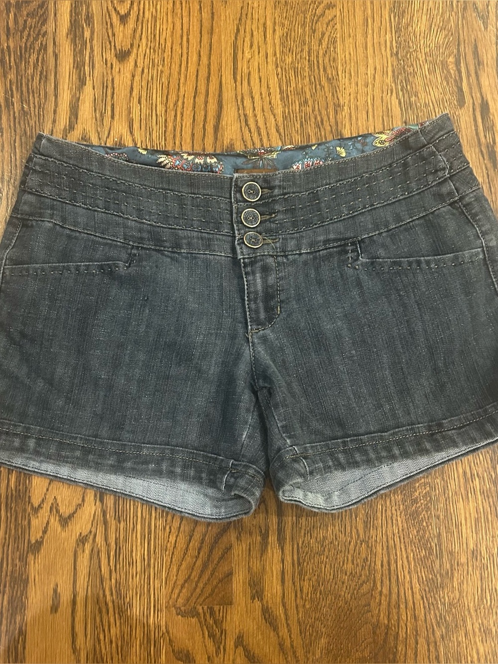 Late 2000s Copper Key Multi-Button Dark Wash Denim Shorts